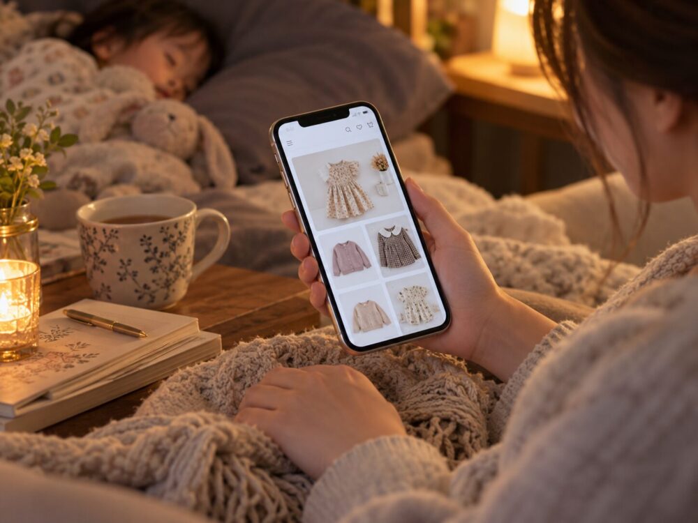 夜、スマホで海外子供服を眺めるママの手元