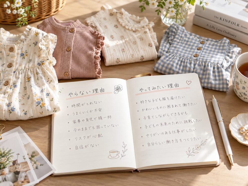 ノートに書き出したメモと並べられた子供服